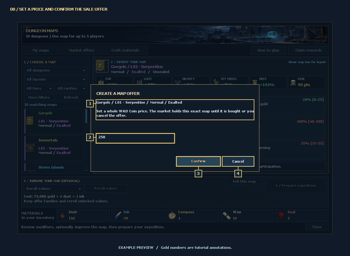 08 / SET A PRICE AND CONFIRM THE SALE OFFER — numbered controls explained below