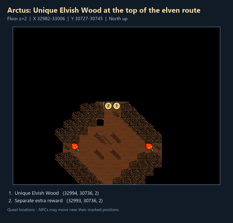 Quest map with numbered landmarks and floor