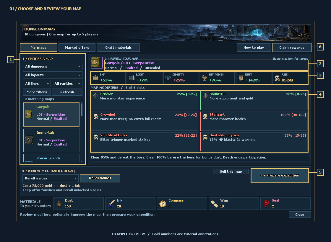 01 / CHOOSE AND REVIEW YOUR MAP — numbered controls explained below