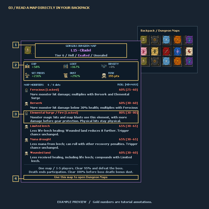 03 / READ A MAP DIRECTLY IN YOUR BACKPACK — numbered controls explained below