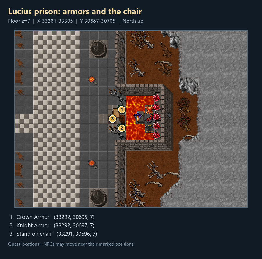 Quest map with numbered landmarks and floor