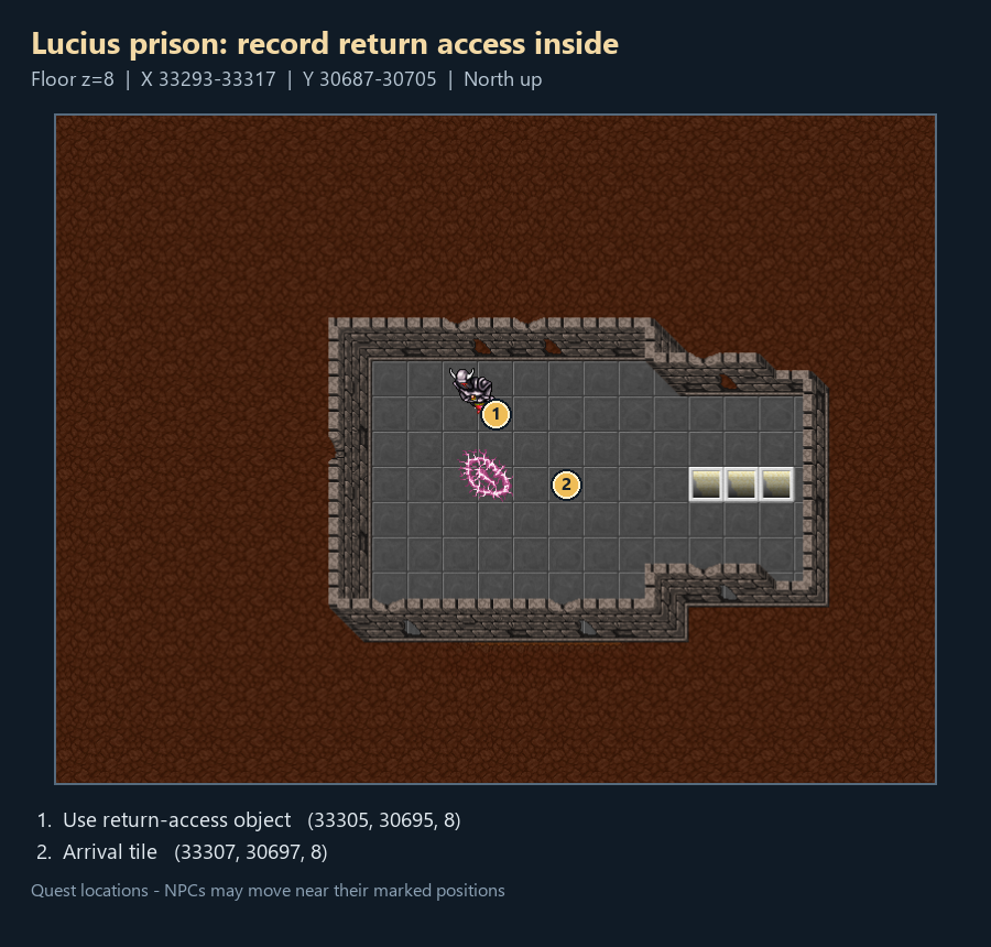 Quest map with numbered landmarks and floor