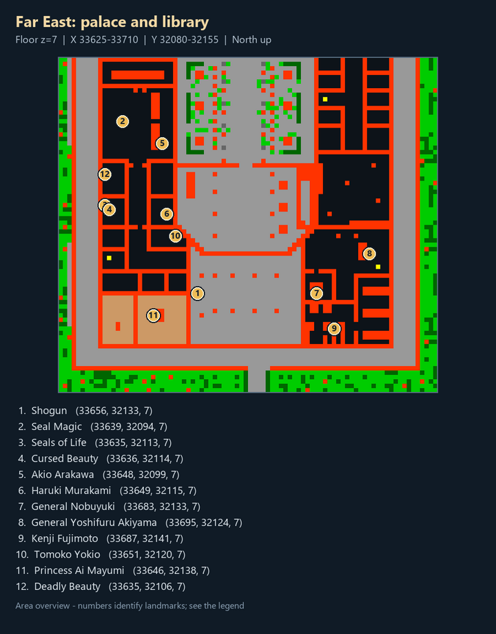Quest map with numbered landmarks and floor