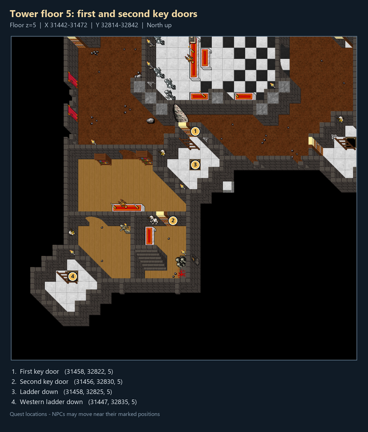 Tower floor 5: first and second key doors: numbered quest landmarks