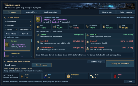 Dungeon Maps browser: choose a map → review its roll → optionally improve it → prepare the expedition. Example preview.