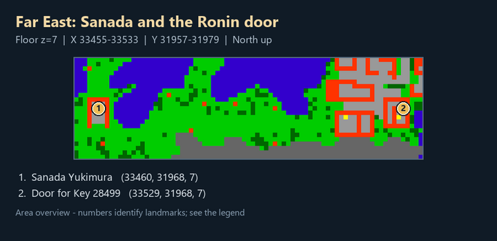 Quest map with numbered landmarks and floor