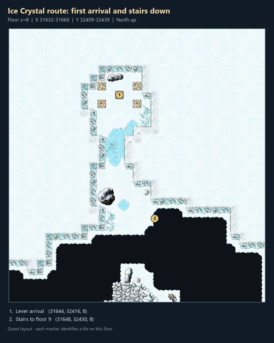 Quest map with numbered landmarks and floor