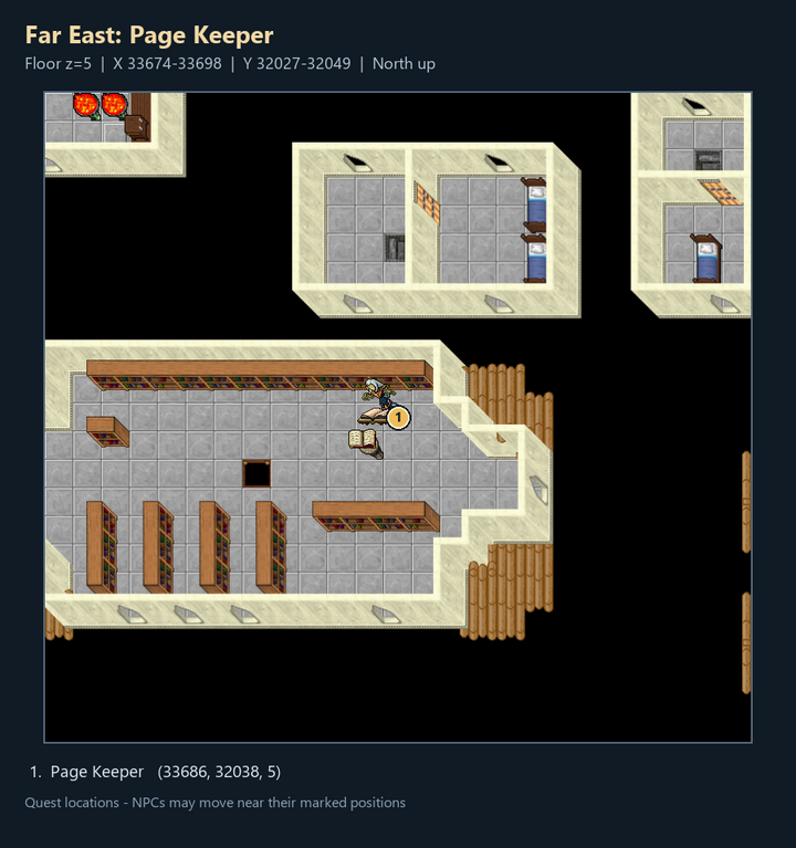Quest map with numbered landmarks and floor