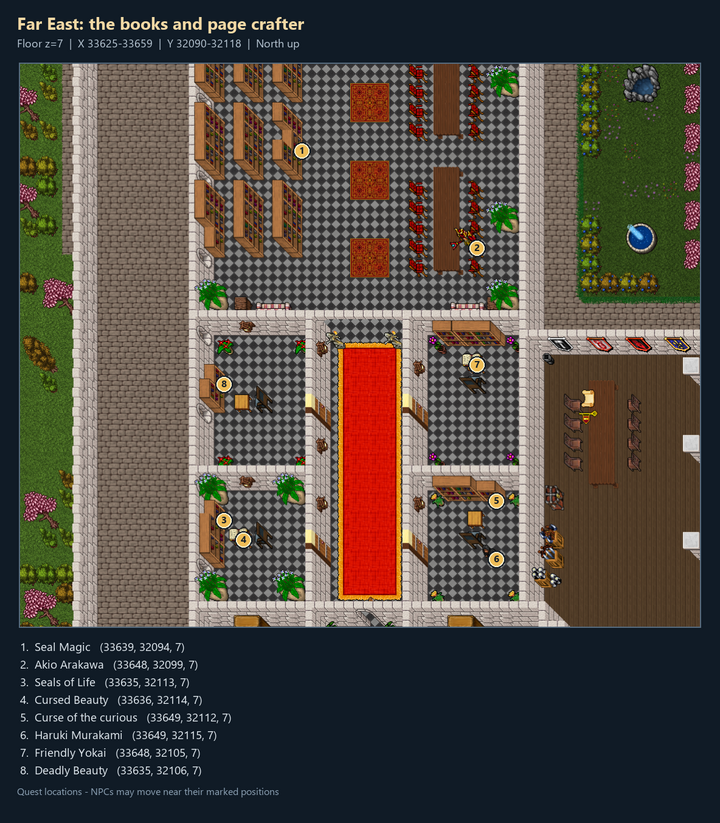 Quest map with numbered landmarks and floor