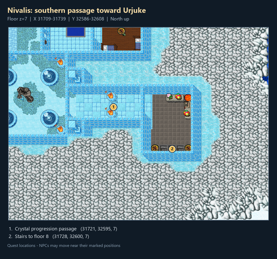 Quest map with numbered landmarks and floor