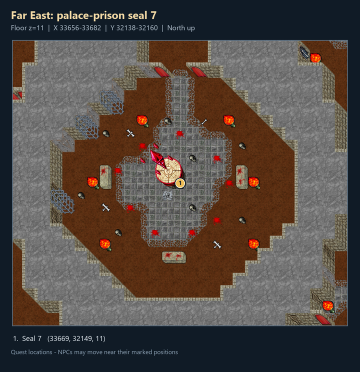 Quest map with numbered landmarks and floor