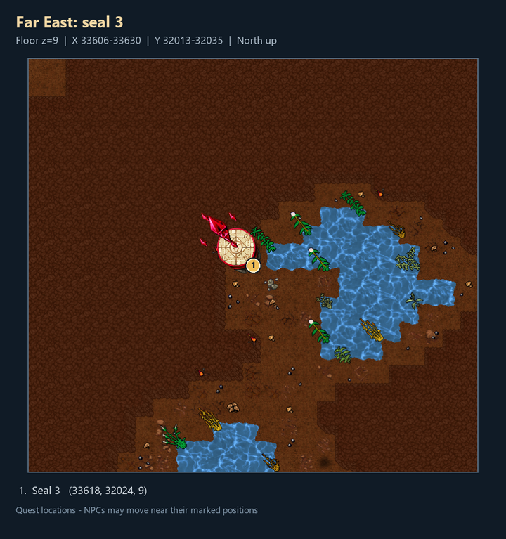 Quest map with numbered landmarks and floor