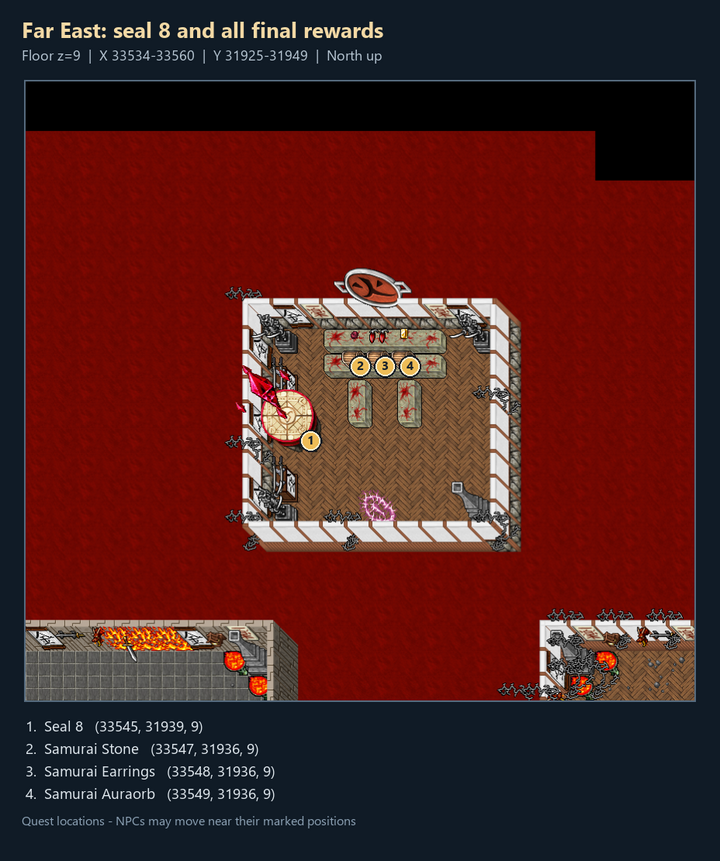 Quest map with numbered landmarks and floor