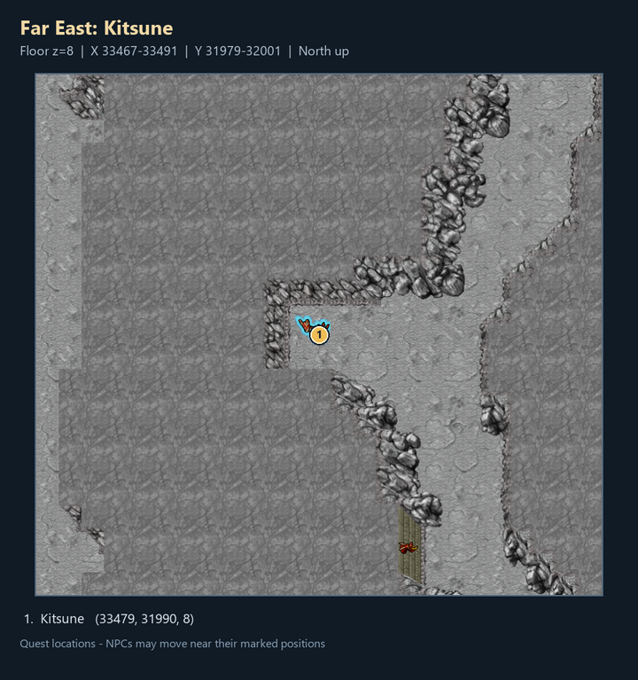 Quest map with numbered landmarks and floor