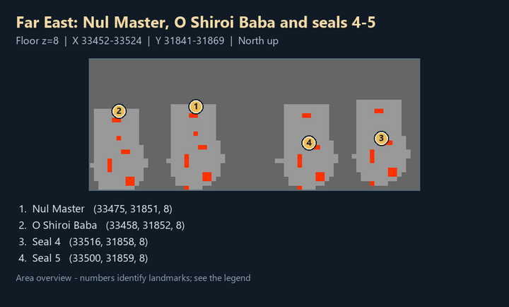 Quest map with numbered landmarks and floor
