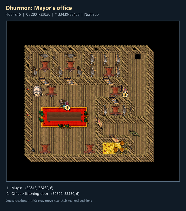 Quest map with numbered landmarks and floor