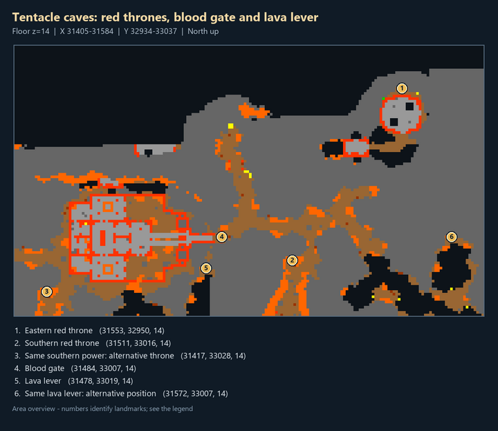 Tentacle caves: red thrones, blood gate and lava lever: numbered quest landmarks