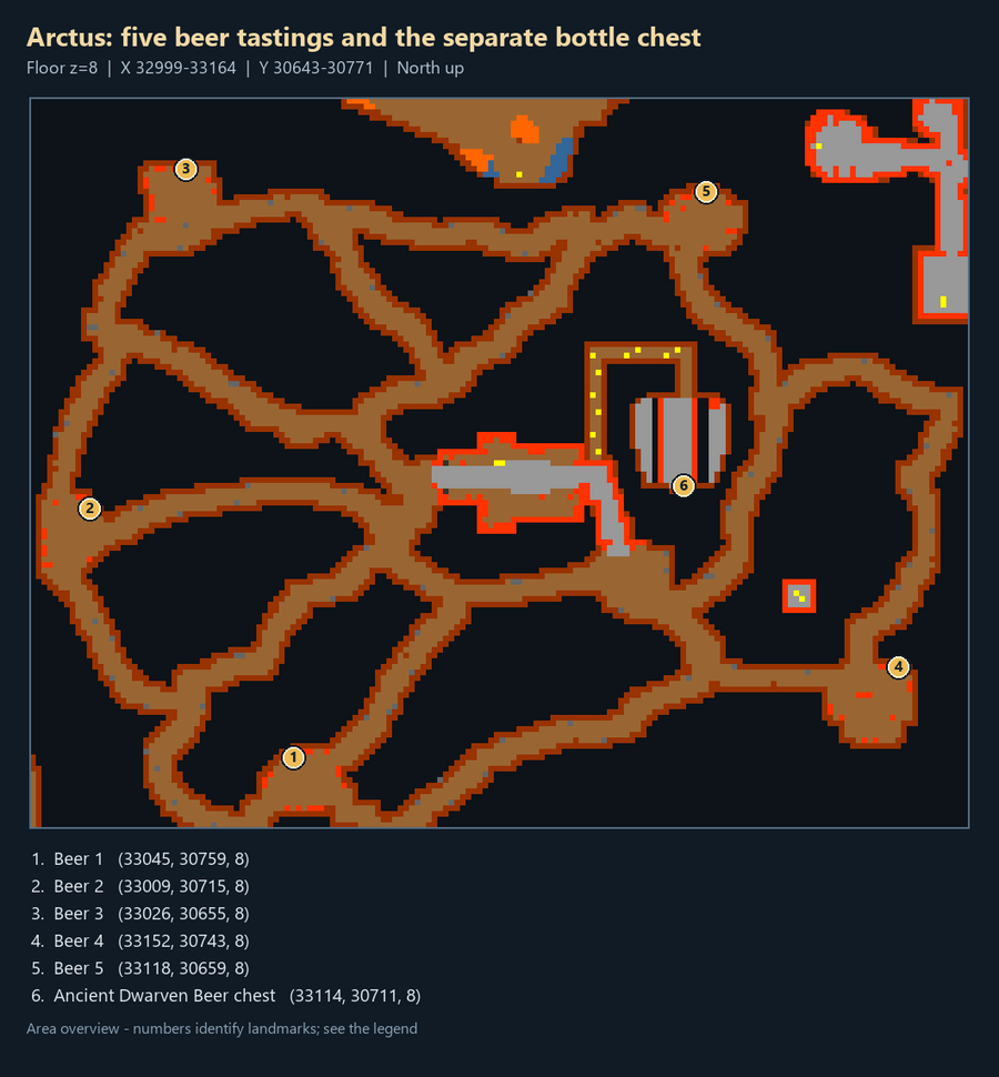 Quest map with numbered landmarks and floor