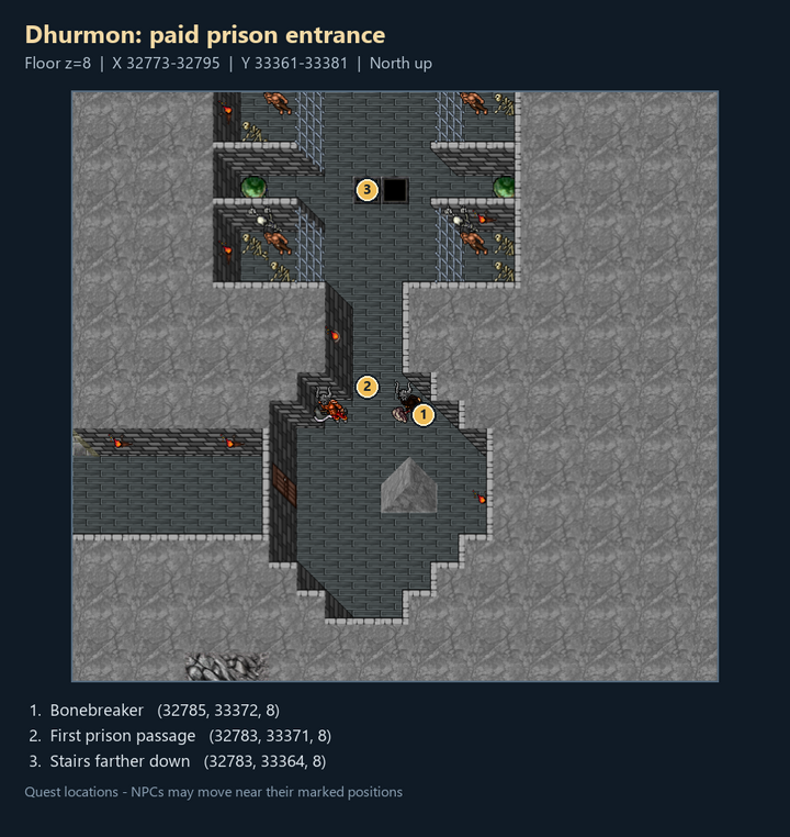 Quest map with numbered landmarks and floor