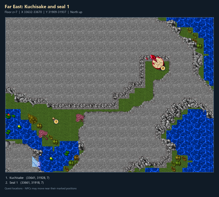 Quest map with numbered landmarks and floor