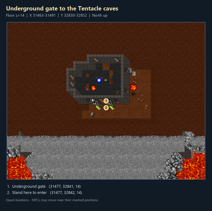 Underground gate to the Tentacle caves: numbered quest landmarks