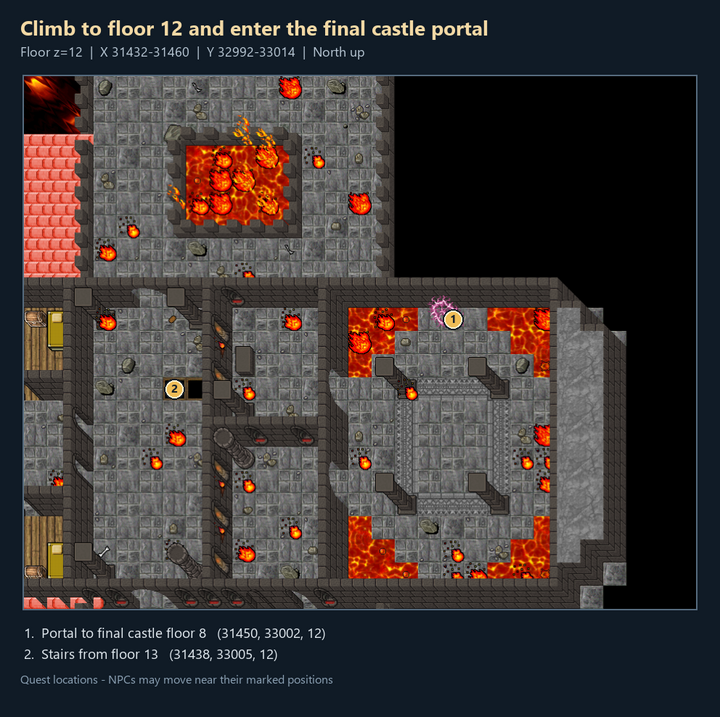 Climb to floor 12 and enter the final castle portal: numbered quest landmarks