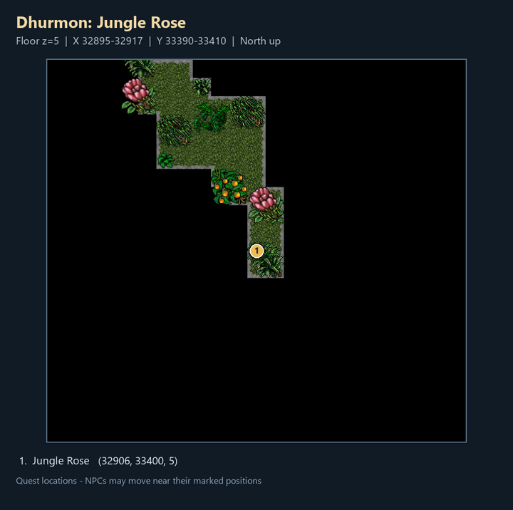 Quest map with numbered landmarks and floor