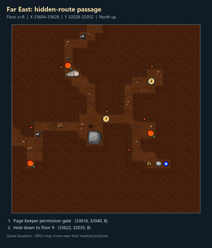 Quest map with numbered landmarks and floor