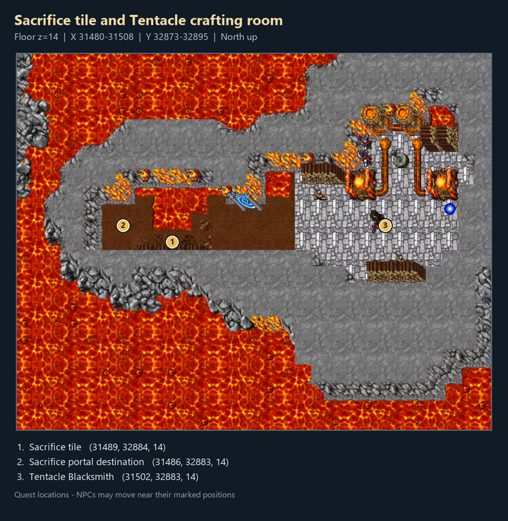 Sacrifice tile and Tentacle crafting room: numbered quest landmarks