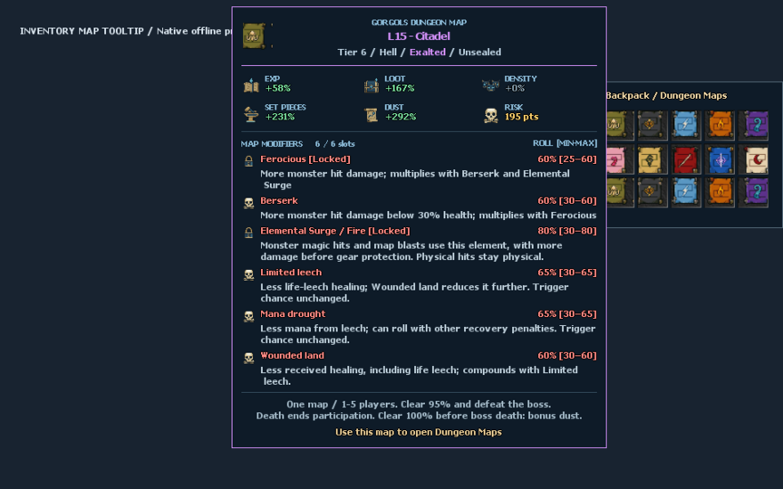 Inventory tooltip: dungeon, layout, difficulty, rarity, rewards and individual modifiers. Example preview.