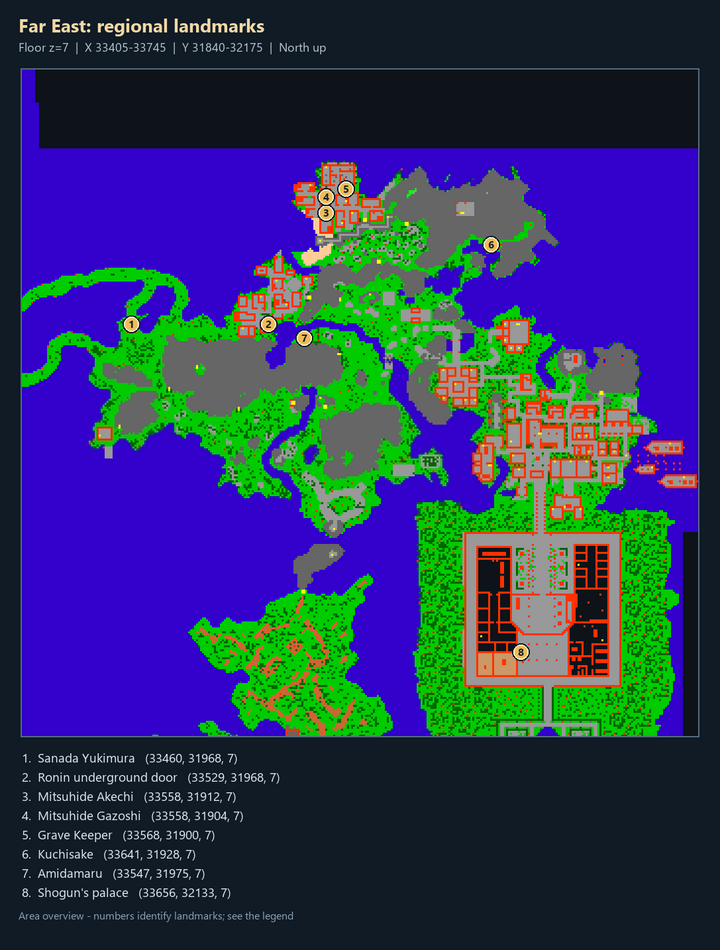 Quest map with numbered landmarks and floor