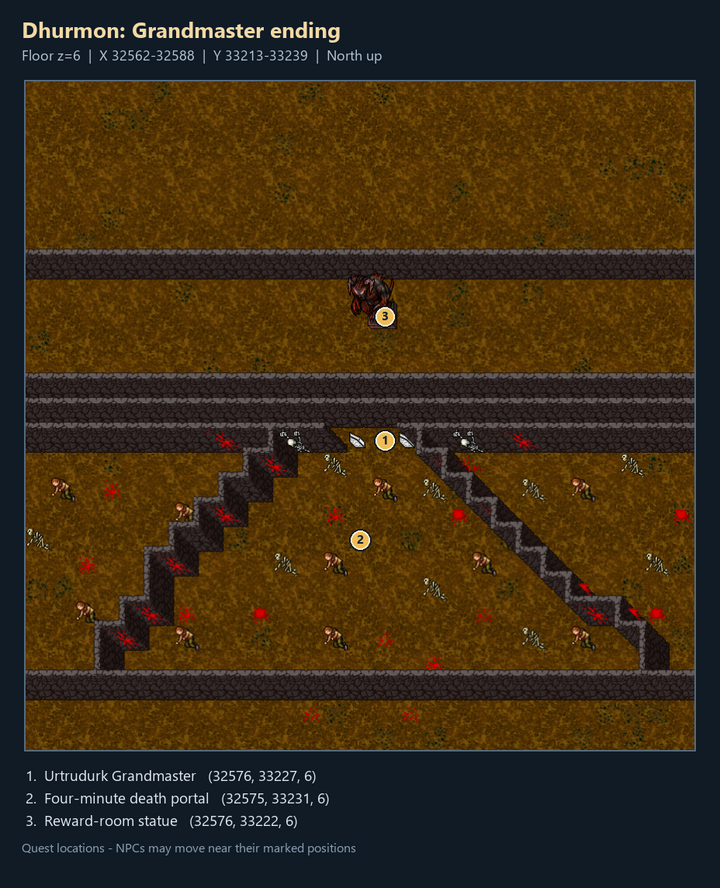 Quest map with numbered landmarks and floor