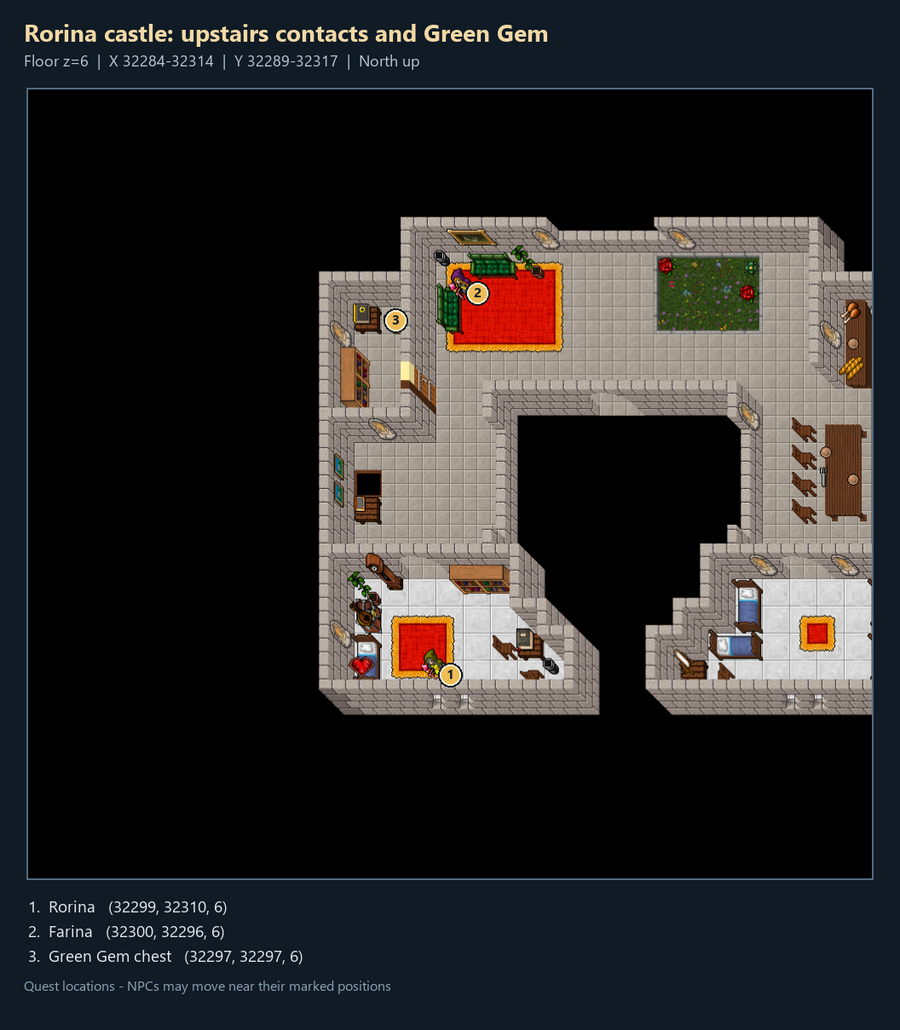 Quest map with numbered landmarks and floor